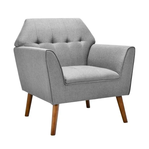 Chaise d’Appoint en Tissu Capitonné Canapé 1 Personne Rembourrée avec Pieds Antidérapants en Bois Fauteuil d’Appoint Gris