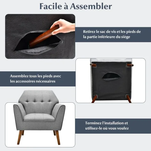Chaise d’Appoint en Tissu Capitonné Canapé 1 Personne Rembourrée avec Pieds Antidérapants en Bois Fauteuil d’Appoint Gris