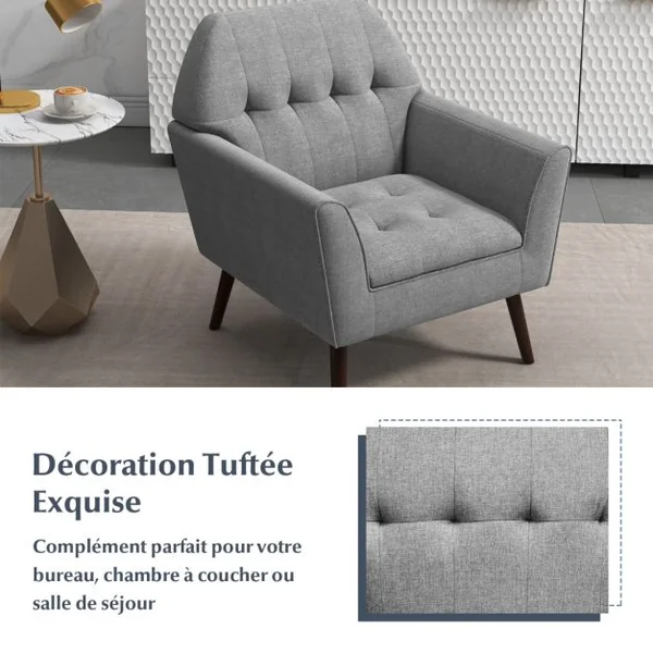 Chaise d’Appoint en Tissu Capitonné Canapé 1 Personne Rembourrée avec Pieds Antidérapants en Bois Fauteuil d’Appoint Gris