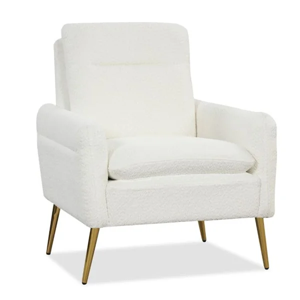 Chaise d'Appoint Moderne Fauteuil en Sherpa Rembourré Pieds en Métal Coniques Patins Antidérapants Éponge Et Ressorts Intégrés Blanc