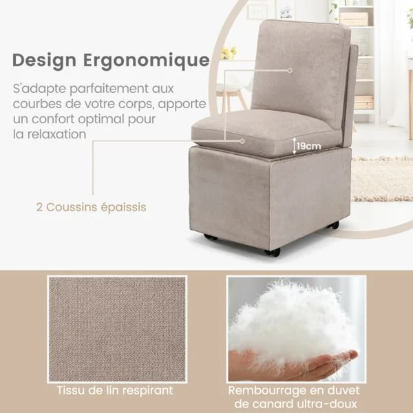 Chaise d'Appoint Moderne sans Accoudoirs avec Rangement Chaise en Tissu avec Coussins Épais Amovibles Fauteuil Simple Contemporain pour Chambre Café