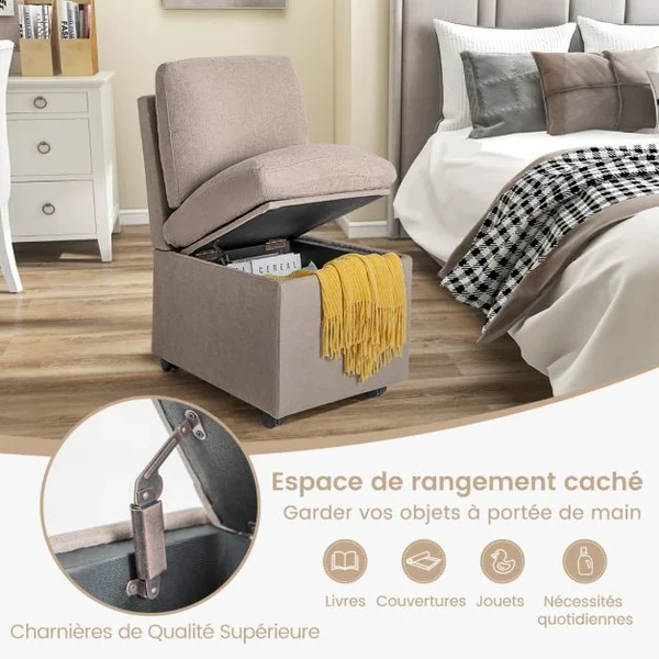 Chaise d'Appoint Moderne sans Accoudoirs avec Rangement Chaise en Tissu avec Coussins Épais Amovibles Fauteuil Simple Contemporain pour Chambre Café
