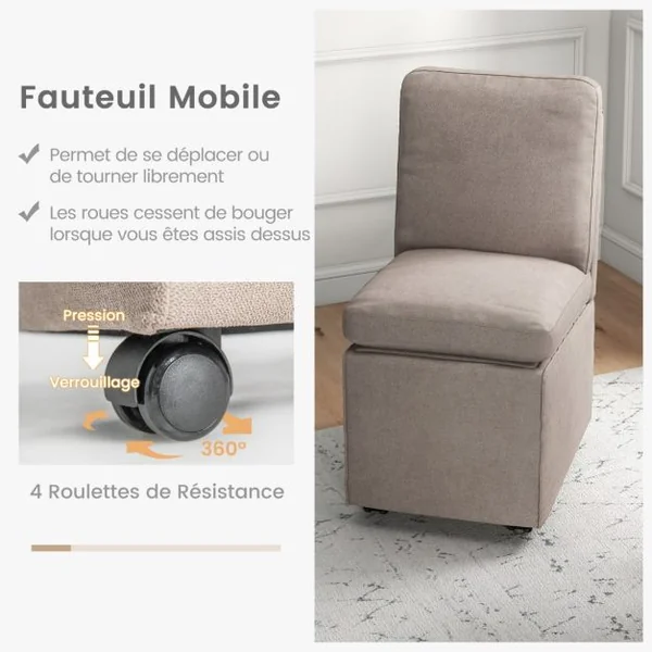 Chaise d'Appoint Moderne sans Accoudoirs avec Rangement Chaise en Tissu avec Coussins Épais Amovibles Fauteuil Simple Contemporain pour Chambre Café