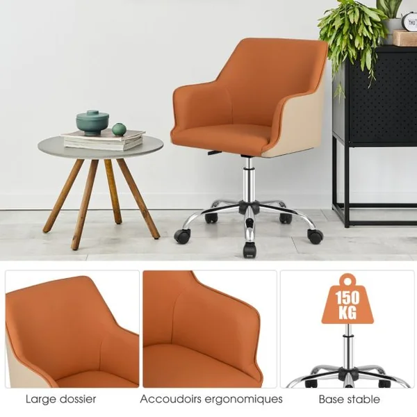 Chaise de Bureau en Cuir PU Siège Réglable Fauteuil de Bureau Pivotant Siège Ergonomique Charge 150 kg Marron