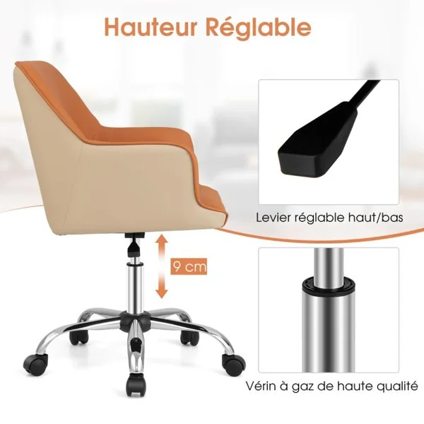 Chaise de Bureau en Cuir PU Siège Réglable Fauteuil de Bureau Pivotant Siège Ergonomique Charge 150 kg Marron