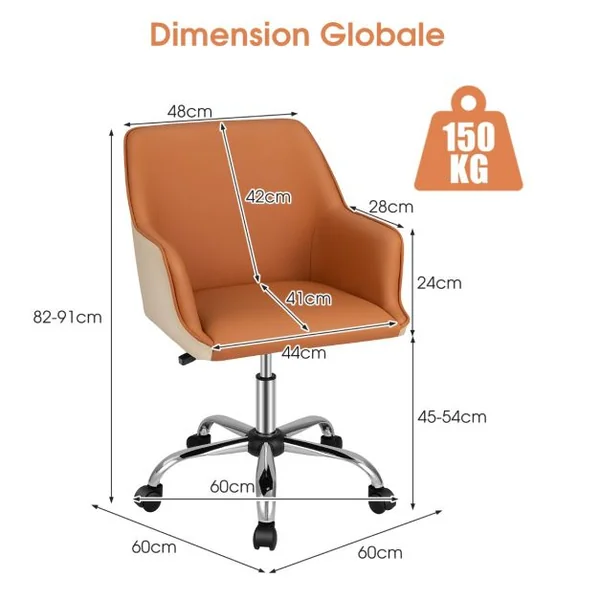Chaise de Bureau en Cuir PU Siège Réglable Fauteuil de Bureau Pivotant Siège Ergonomique Charge 150 kg Marron