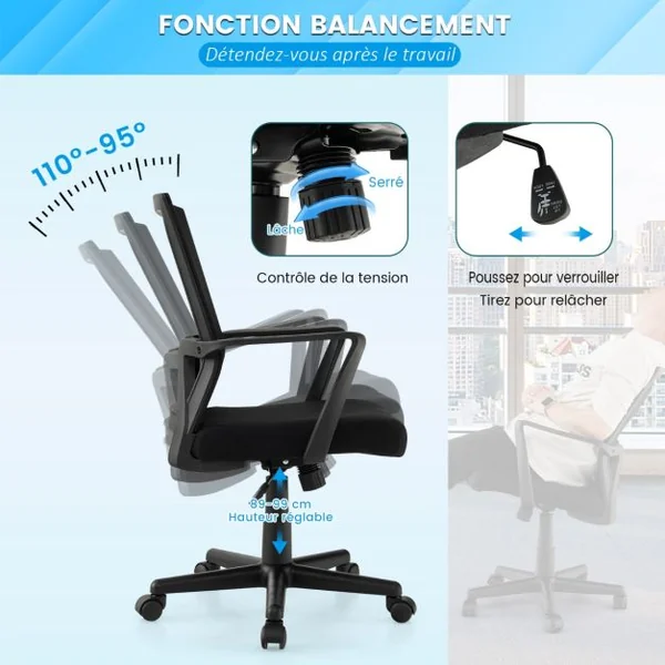 Chaise de Bureau Ergonomique Chaise de Travail avec Dossier à Bascule Pivotante en Maille avec Accoudoirs pour Chambre Bureau Noir