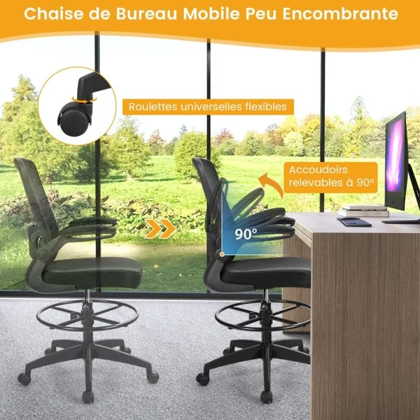 Chaise de Bureau Ergonomique en Maille avec Roulettes Accoudoirs Rabattables Anneau Repose-Pieds Réglable en Hauteur Cadre en Métal Solide Charge 120 kg