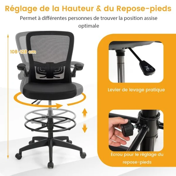 Chaise de Bureau Ergonomique en Maille avec Roulettes Accoudoirs Rabattables Anneau Repose-Pieds Réglable en Hauteur Cadre en Métal Solide Charge 120 kg