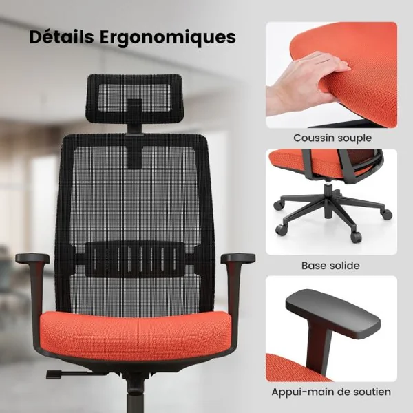 Chaise de Bureau Ergonomique Réglable en Hauteur Noir Orange