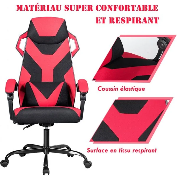 Chaise de Bureau Gamer Hauteur Réglable Inclinable de 90° à 135° Massage Capacité 120 Kg 66x65x120-130cm Rouge