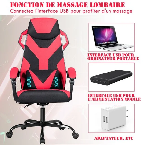 Chaise de Bureau Gamer Hauteur Réglable Inclinable de 90° à 135° Massage Capacité 120 Kg 66x65x120-130cm Rouge