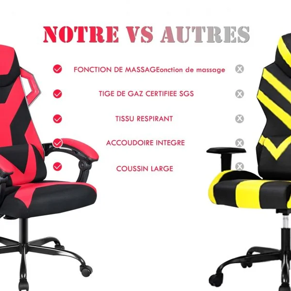 Chaise de Bureau Gamer Hauteur Réglable Inclinable de 90° à 135° Massage Capacité 120 Kg 66x65x120-130cm Rouge