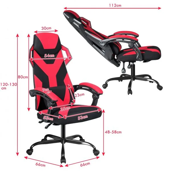 Chaise de Bureau Gamer Hauteur Réglable Inclinable de 90° à 135° Massage Capacité 120 Kg 66x65x120-130cm Rouge