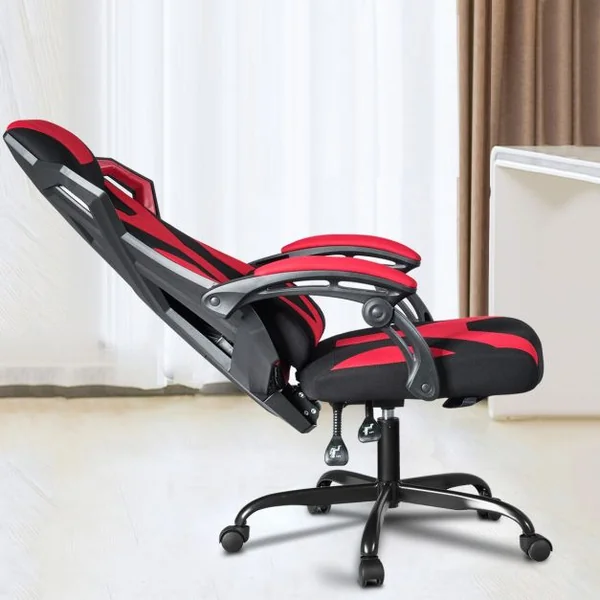 Chaise de Bureau Gamer Hauteur Réglable Inclinable de 90° à 135° Massage Capacité 120 Kg 66x65x120-130cm Rouge