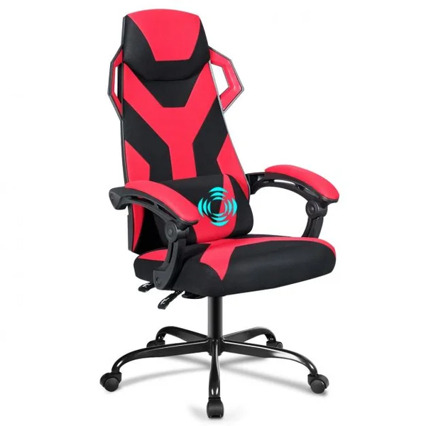 Chaise de Bureau Gamer Hauteur Réglable Inclinable de 90° à 135° Massage Capacité 120 Kg 66x65x120-130cm Rouge