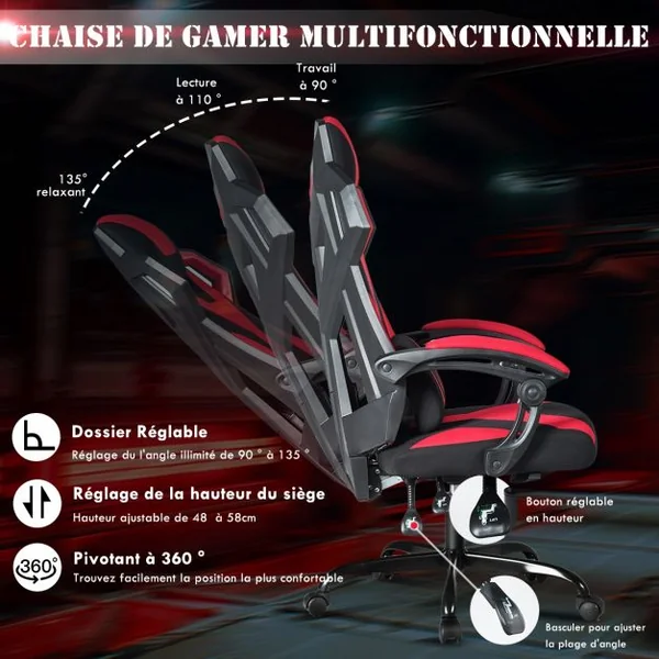Chaise de Bureau Gamer Hauteur Réglable Inclinable de 90° à 135° Massage Capacité 120 Kg 66x65x120-130cm Rouge