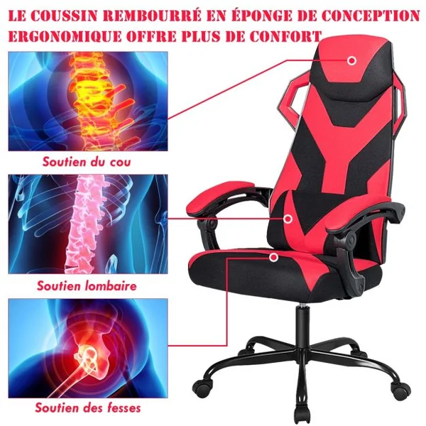 Chaise de Bureau Gamer Hauteur Réglable Inclinable de 90° à 135° Massage Capacité 120 Kg 66x65x120-130cm Rouge