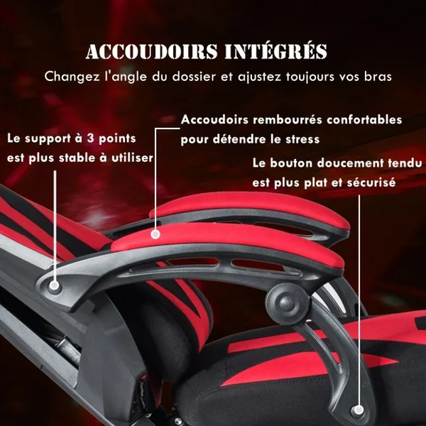 Chaise de Bureau Gamer Hauteur Réglable Inclinable de 90° à 135° Massage Capacité 120 Kg 66x65x120-130cm Rouge