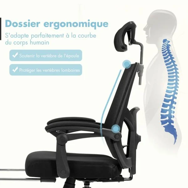 Chaise de Bureau Inclinable à Roulette en Maille avec Repose Pieds Dossier/Oreiller Réglable Charge 120KG