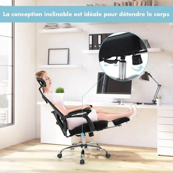 Chaise de Bureau Inclinable à Roulette en Maille avec Repose Pieds Dossier/Oreiller Réglable Charge 120KG