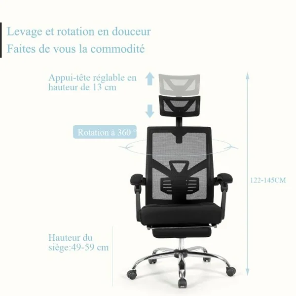 Chaise de Bureau Inclinable à Roulette en Maille avec Repose Pieds Dossier/Oreiller Réglable Charge 120KG