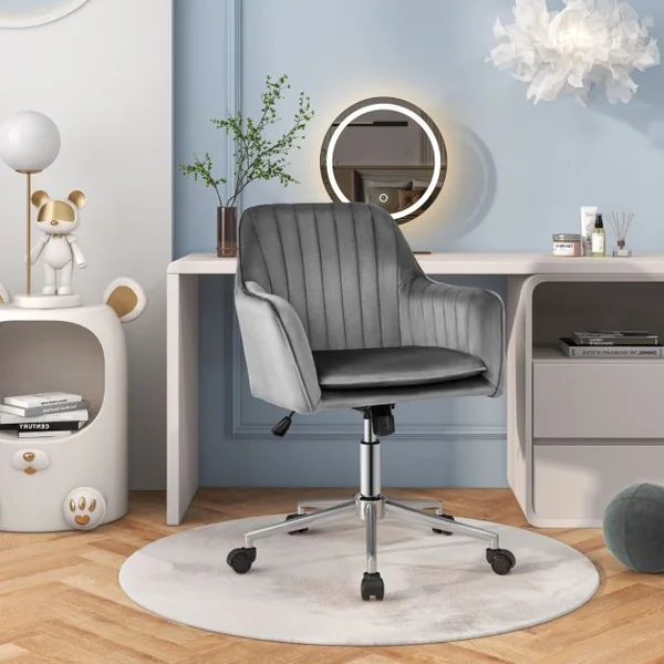 Chaise de Bureau Moderne en Velours Hollandais Pivotante Réglable en Hauteur 5 Roulettes Dossier et Accoudoirs Ergonomiques Gris