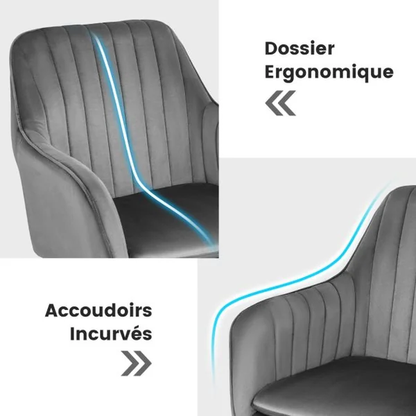 Chaise de Bureau Moderne en Velours Hollandais Pivotante Réglable en Hauteur 5 Roulettes Dossier et Accoudoirs Ergonomiques Gris