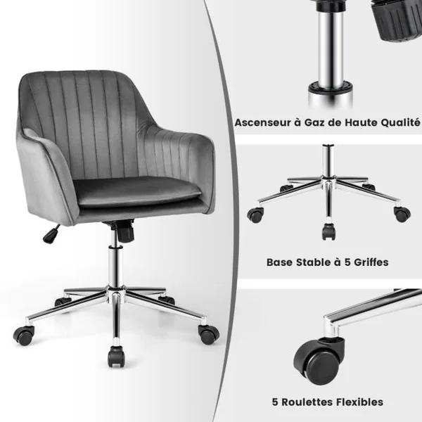 Chaise de Bureau Moderne en Velours Hollandais Pivotante Réglable en Hauteur 5 Roulettes Dossier et Accoudoirs Ergonomiques Gris