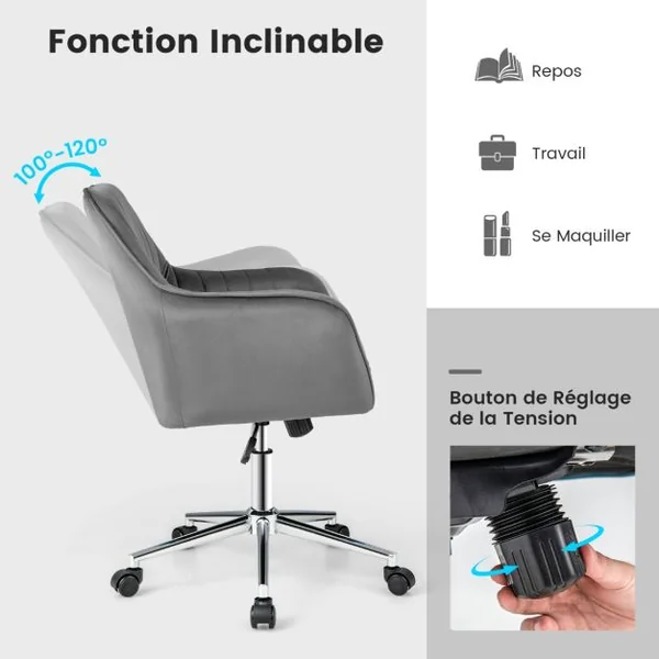 Chaise de Bureau Moderne en Velours Hollandais Pivotante Réglable en Hauteur 5 Roulettes Dossier et Accoudoirs Ergonomiques Gris