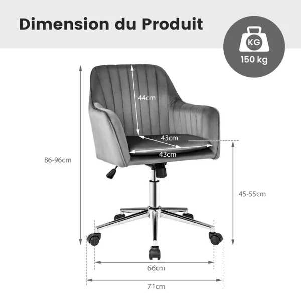 Chaise de Bureau Moderne en Velours Hollandais Pivotante Réglable en Hauteur 5 Roulettes Dossier et Accoudoirs Ergonomiques Gris
