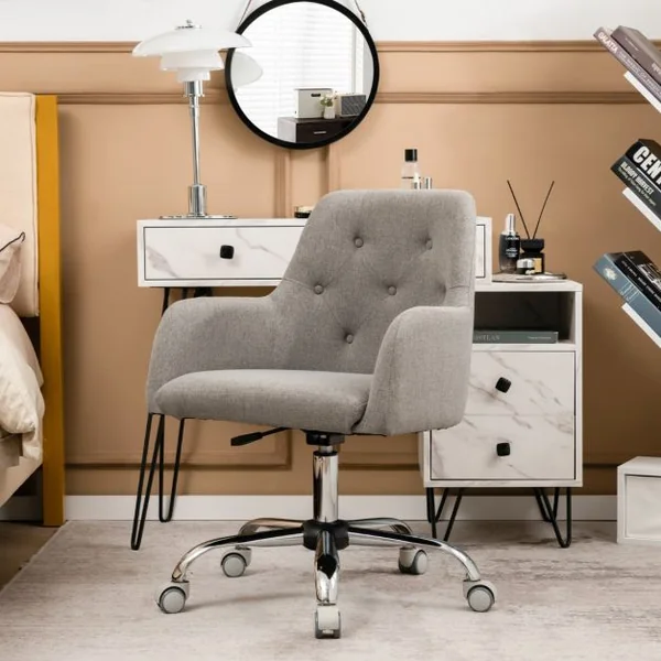 Chaise de Bureau Pivotable à 360° avec Roulettes et Dossier Capitonné en Tissu Interlock Girs