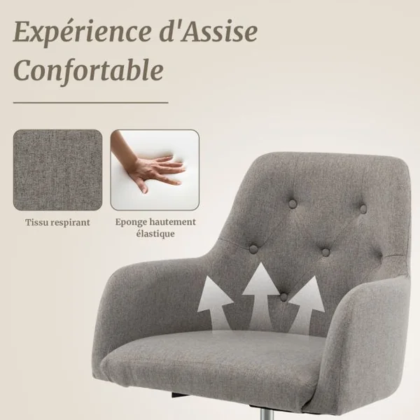 Chaise de Bureau Pivotable à 360° avec Roulettes et Dossier Capitonné en Tissu Interlock Girs