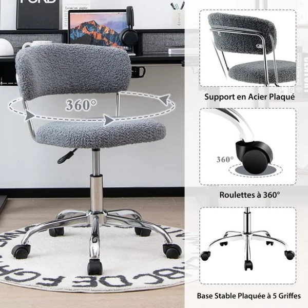 Chaise de Bureau à Domicile en poils synthétiques de lama avec Siège Rembourré Réglable en Hauteur Gris