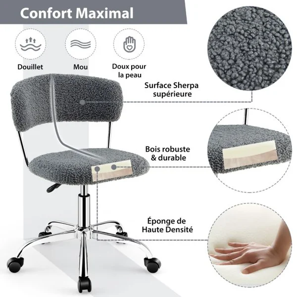 Chaise de Bureau à Domicile en poils synthétiques de lama avec Siège Rembourré Réglable en Hauteur Gris