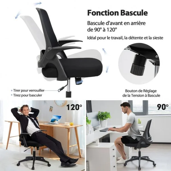 Chaise de Bureau à Roulettes Pivotante Bascule en Maille avec Soutien Lombaire Hauteur d'Assise Réglable 45 - 55 CM Noir