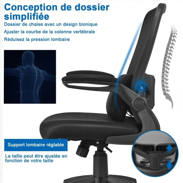 Chaise de Bureau à Roulettes Support Lombaire de Massage Rechargeable Par Usb Dossier Haut Accoudoirs Relevables Noir