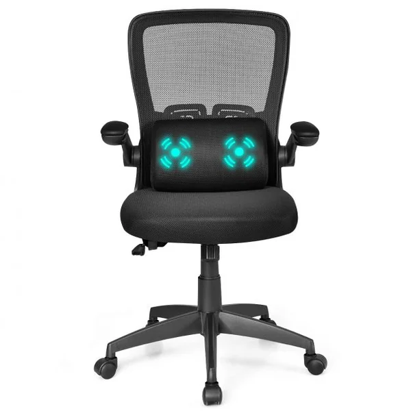 Chaise de Bureau à Roulettes Support Lombaire de Massage Rechargeable Par Usb Dossier Haut Accoudoirs Relevables Noir