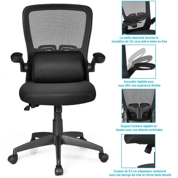 Chaise de Bureau à Roulettes Support Lombaire de Massage Rechargeable Par Usb Dossier Haut Accoudoirs Relevables Noir