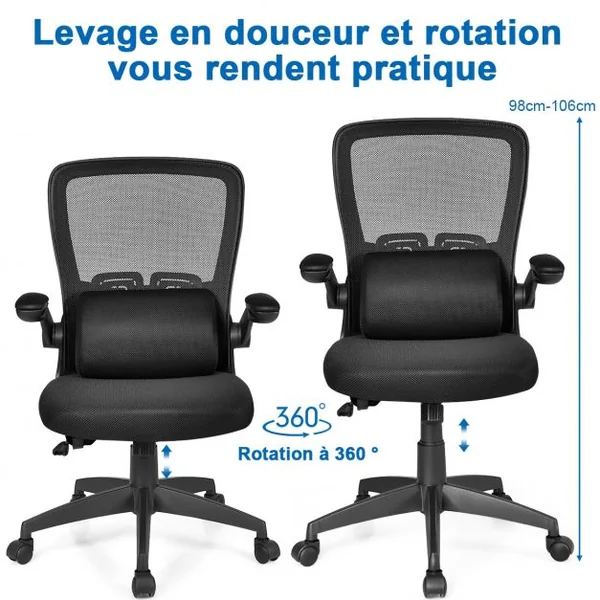 Chaise de Bureau à Roulettes Support Lombaire de Massage Rechargeable Par Usb Dossier Haut Accoudoirs Relevables Noir