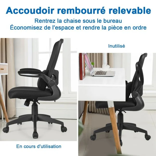 Chaise de Bureau à Roulettes Support Lombaire de Massage Rechargeable Par Usb Dossier Haut Accoudoirs Relevables Noir
