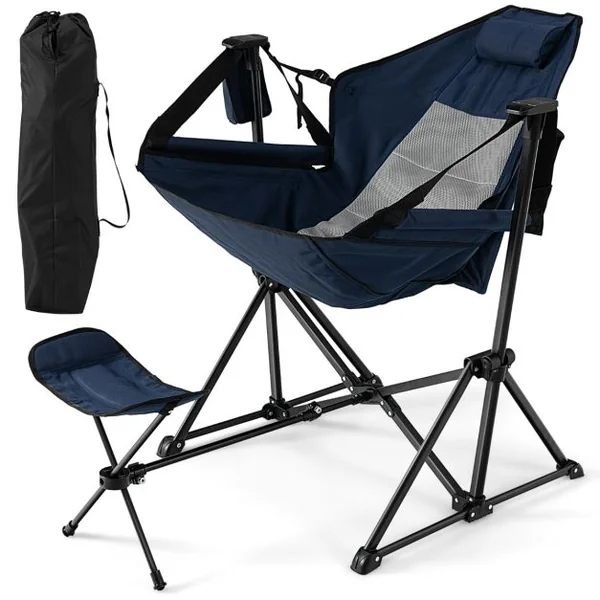Chaise de camping avec repose-pieds amovible avec dossier réglable oreiller porte-gobelet sac de rangement Bleu