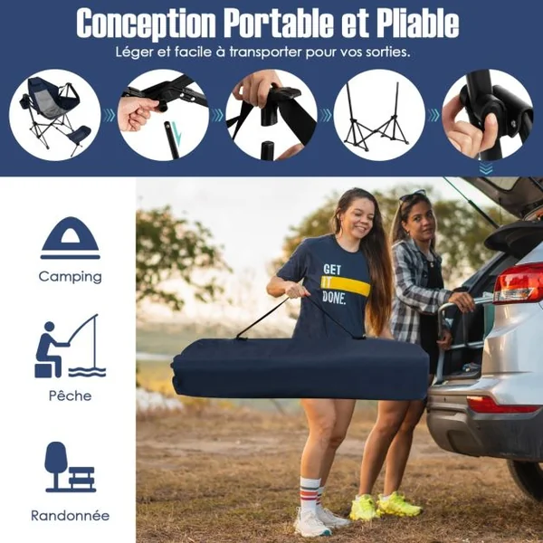 Chaise de camping avec repose-pieds amovible avec dossier réglable oreiller porte-gobelet sac de rangement Bleu