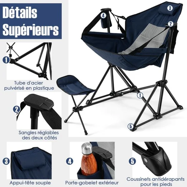 Chaise de camping avec repose-pieds amovible avec dossier réglable oreiller porte-gobelet sac de rangement Bleu