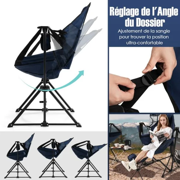 Chaise de camping avec repose-pieds amovible avec dossier réglable oreiller porte-gobelet sac de rangement Bleu