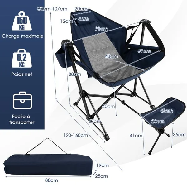 Chaise de camping avec repose-pieds amovible avec dossier réglable oreiller porte-gobelet sac de rangement Bleu