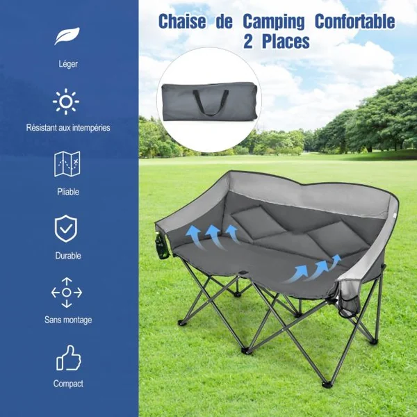 Chaise de Camping Pliante 2 Places Charge 226KG avec Siège Rembourré et 2 Poches de Rangement pour Pêche Pique-nique Gris