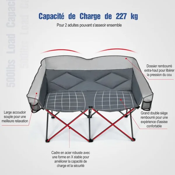 Chaise de Camping Pliante 2 Places Charge 226KG avec Siège Rembourré et 2 Poches de Rangement pour Pêche Pique-nique Gris