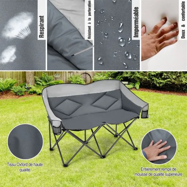 Chaise de Camping Pliante 2 Places Charge 226KG avec Siège Rembourré et 2 Poches de Rangement pour Pêche Pique-nique Gris