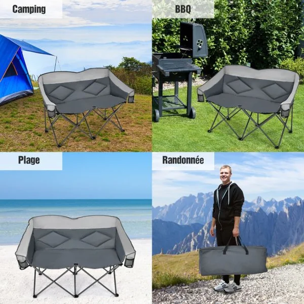 Chaise de Camping Pliante 2 Places Charge 226KG avec Siège Rembourré et 2 Poches de Rangement pour Pêche Pique-nique Gris
